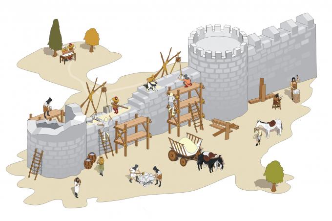 ilustracion Escenificación de la construcción de una muralla en la Edad Media