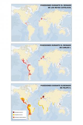 ilustracion Evolución de las posesiones españolas desde los Reyes Católicos hasta Felipe II