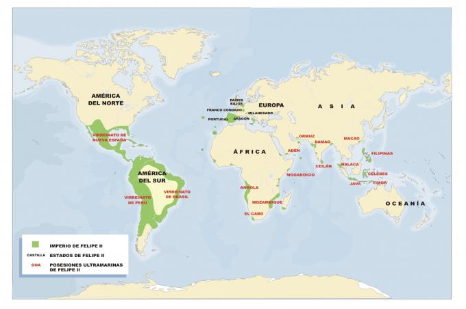 ilustracion Mapa del imperio español en manos de Felipe II