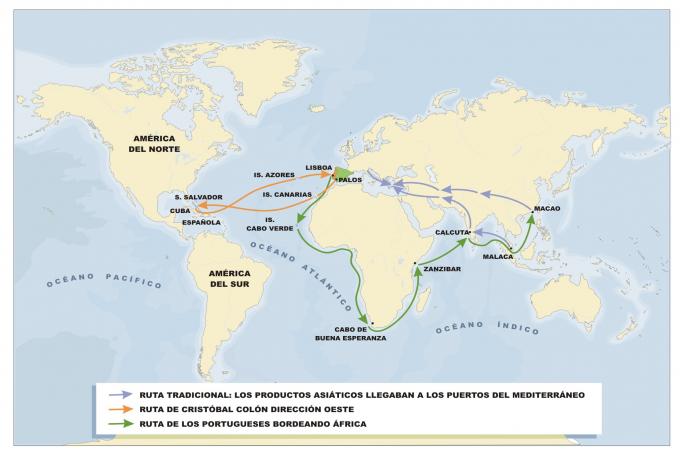 ilustracion Mapa de las nuevas rutas marítimas descubiertas en la Edad Moderna