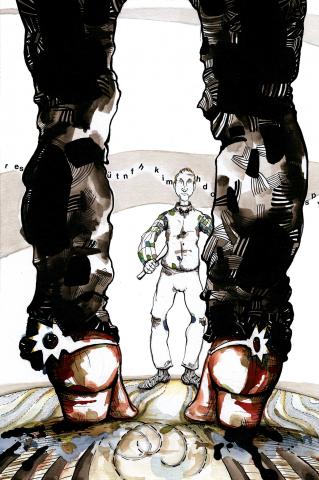 ilustracion El Sur: Dahlmann empuña con firmeza el cuchillo, que acaso no sabrá manejar, y sale a la llanura