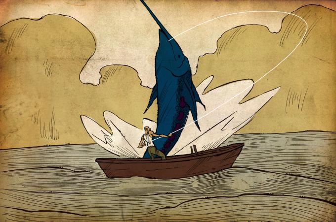 ilustracion El viejo y el mar: El pez se muestra frente al viejo