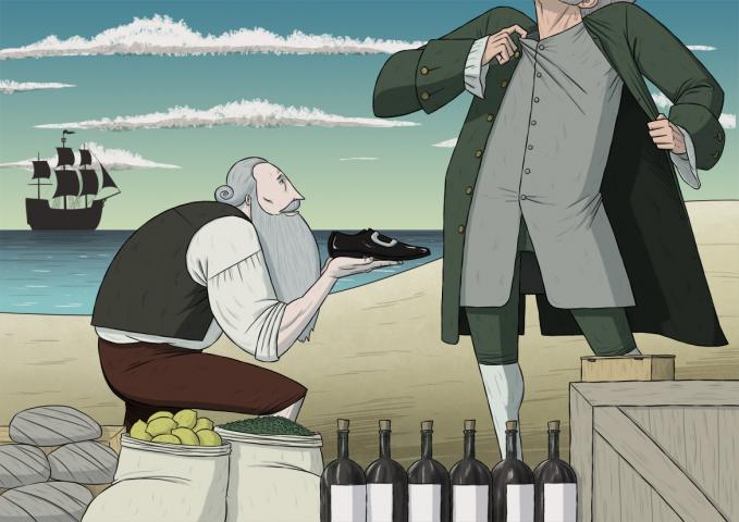 ilustracion Robinson Crusoe: El capitán agradece a Robinson la recuperación del barco