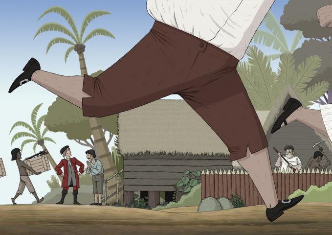 ilustracion Robinson Crusoe: Visita su nueva colonia en la isla