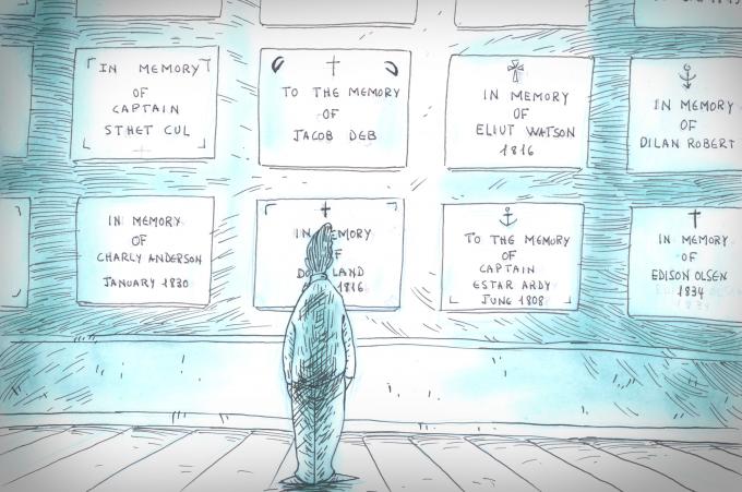 ilustracion Moby-Dick: En la capilla mirando las lápidas de los fallecidos