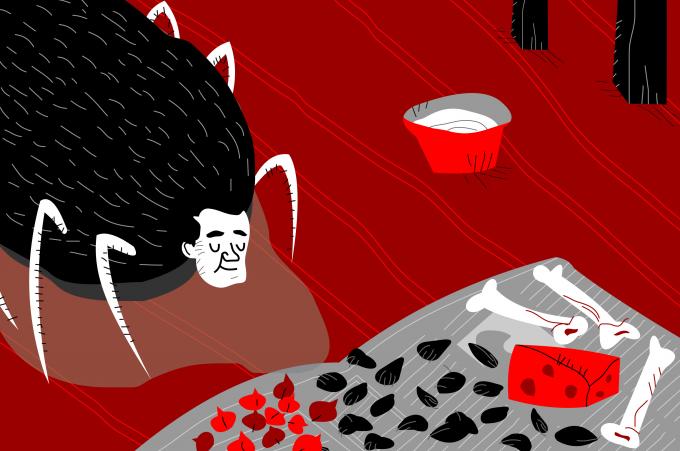 ilustracion La metamorfosis: Grete Samsa quiere comprobar qué alimentos toma Gregorio