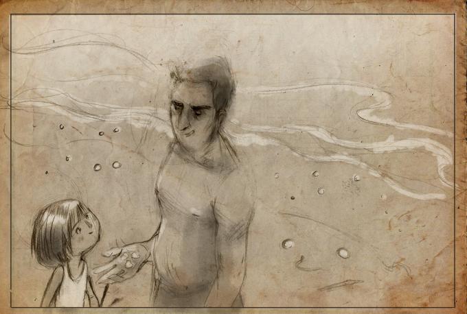 ilustracion A sangre fría: Dick juega con una niña en la orilla