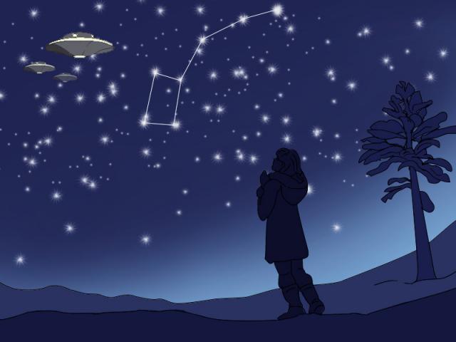 ilustracion Noche estrellada con la Osa Mayor y naves espaciales