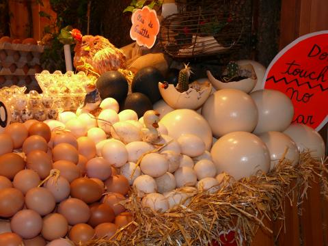 image Huevos de gallina, codorniz, avestruz y otras aves expuestos para la venta