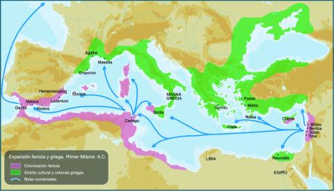 ilustracion Expansión fenicia y griega en el primer milenio a.C. 