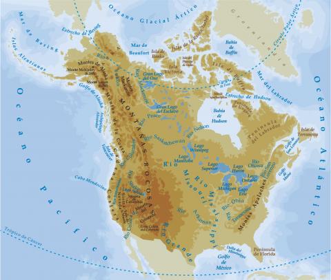 ilustracion Mapa físico de América del Norte 