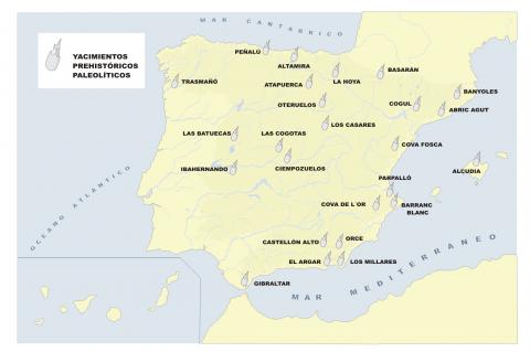 ilustracion Mapa de los yacimientos Prehistóricos del Paleolítico en la Península Ibérica