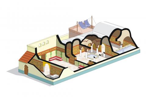 ilustracion Plano de corte de unos baños árabes tipo en el medievo