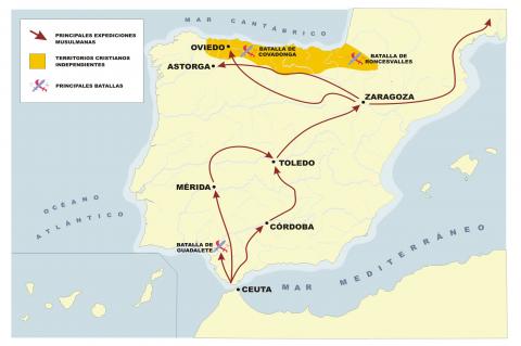 ilustracion Mapa de la expansión musulmana en la Península Ibérica