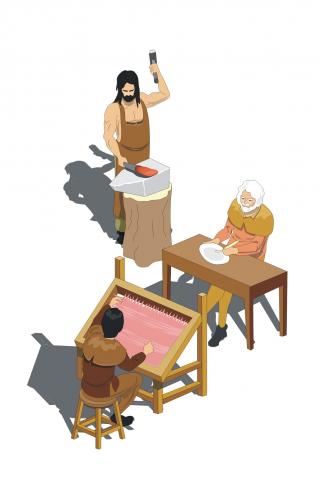 ilustracion Representación de alguno de los gremios de la Edad Media