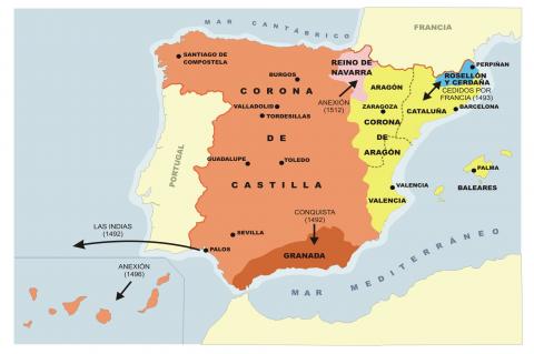ilustracion Mapa de la expansión de los territorios de los Reyes Católicos en el s.XV