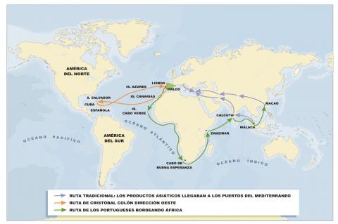 ilustracion Mapa de las nuevas rutas marítimas descubiertas en la Edad Moderna