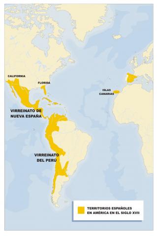 ilustracion Mapa de las posesiones españolas en América en el s. XVII