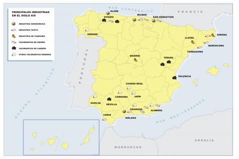 ilustracion Mapa de la distribución de las principales industrias en la España del s. XIX