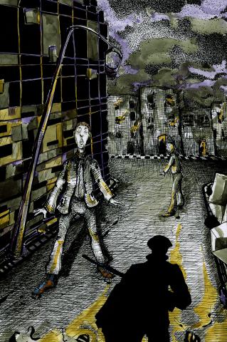 ilustracion La forma de la espada: Un soldado, enorme en el resplandor, surgió de una cabaña incendiada