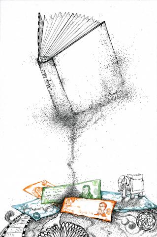 ilustracion El libro de arena: Mientras hablábamos yo seguía explorando el libro infinito