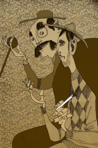 ilustracion El perro de Baskerville: Sherlock y Watson examinan el bastón