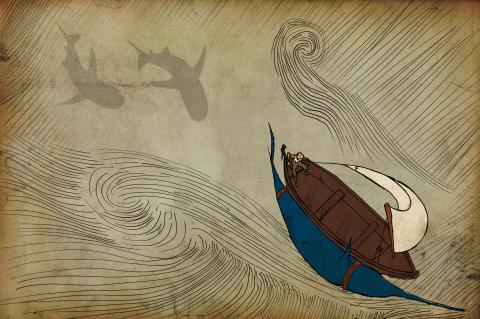 ilustracion El viejo y el mar: Dos tiburones lo persiguen