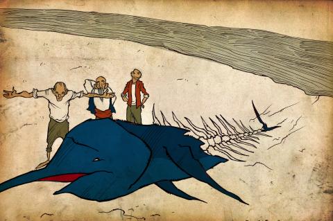 ilustracion El viejo y el mar: Los marineros asombrados ante el tamaño del pez
