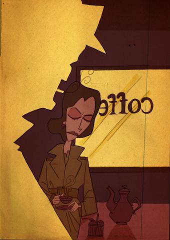 ilustracion El sueño eterno: Marlowe y Vivian en una cafetería hablando so​bre Mars y el general