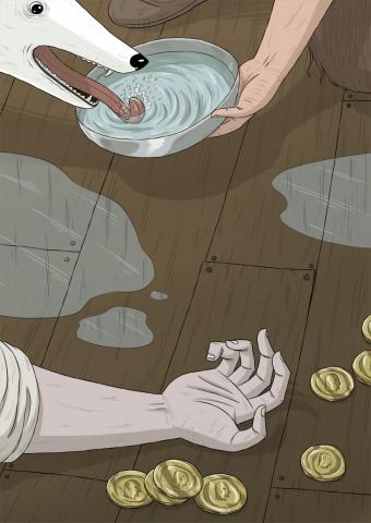 ilustracion Robinson Crusoe: Calma la sed de un perro en un barco naufragado