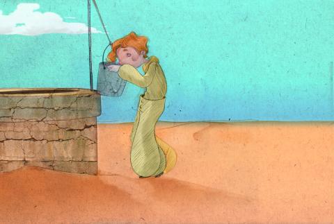 ilustracion El principito: Bebiendo del pozo en el desierto