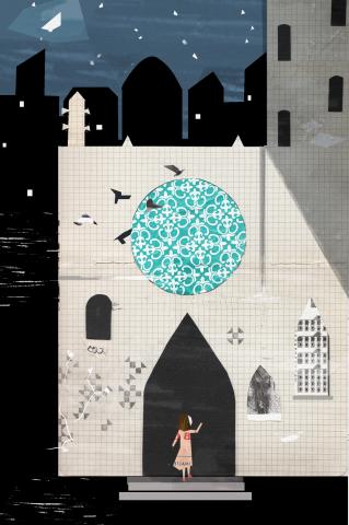 ilustracion Nada: Andrea emocionada tras una velada artística en la casa de Ena, pasea libremente en la noche por las antiguas calles del centro de Barcelona