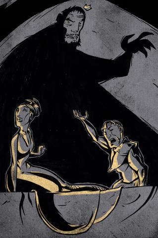 ilustracion Hamlet: El espectro aparece en el aposento de la reina