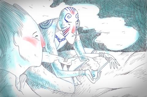 ilustracion Moby-Dick: Ismael y Queequeg se hacen amigos