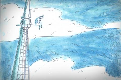 ilustracion Moby-Dick: Ismael en la cofa del trinquete pensando