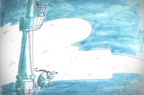 ilustracion Moby-Dick: Capitán en el puesto de vigía y Tashtego en la cofa del trinquete