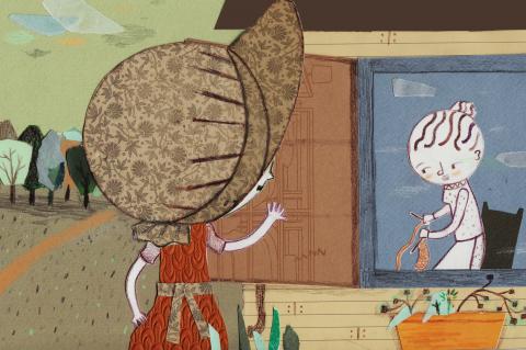 ilustracion Las aventuras de Huckleberry Finn: Huck se disfraza de chica para averiguar cómo está la situación