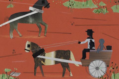 ilustracion Las aventuras de Huckleberry Finn: Huck montado en una carreta se cruza en el camino con Tom Sawyer, el auténtico sobrino de la granjera