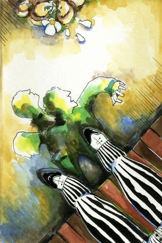 ilustracion El extraño caso del doctor Jekyll y el señor Hyde: Jekyll sentado en un parque se transforma en Hyde