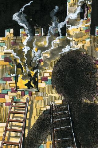 ilustracion Los viajes de Gulliver: Gulliver apaga el incendio del palacio de Liliput