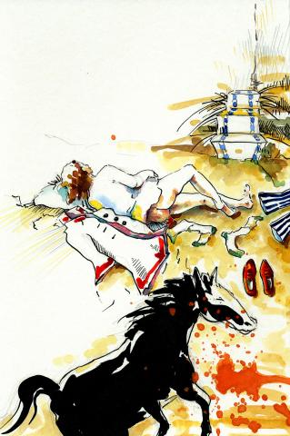 ilustracion Los viajes de Gulliver: Los caballos ven a Gulliver semi desnudo