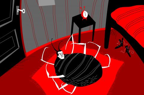 ilustracion La metamorfosis: Gregorio es incapaz de levantarse