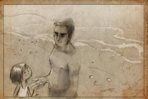 ilustracion A sangre fría: Dick juega con una niña en la orilla