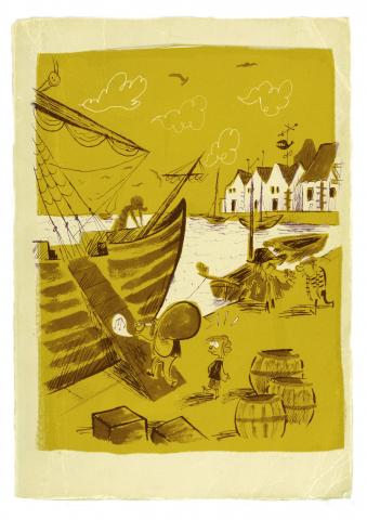 ilustracion La isla del tesoro: Jim llega a los muelles