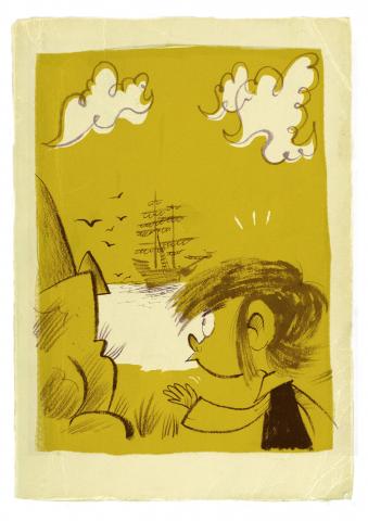 ilustracion La isla del tesoro: Jim avista La Hispaniola