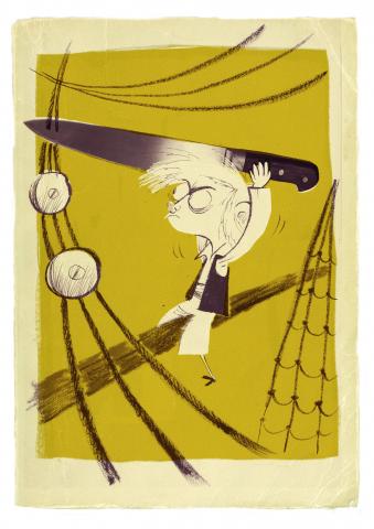 ilustracion La isla del tesoro: Jim corta las trenzas de la maroma