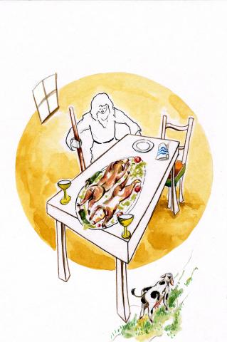 ilustracion La Odisea: Ulises disfrazado de mendigo es invitado a comer