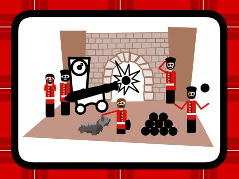 ilustracion Cuento Greyfriars Bobby: Bobby en el castillo de Edimburgo mientras los soldados dan el cañonazo a la una en punto