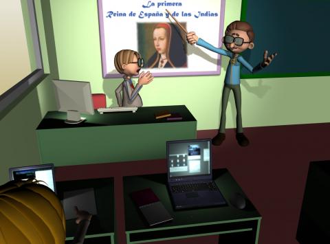 ilustracion Profesor y alumnos hablan de Juana la Loca