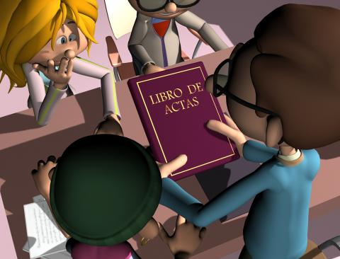 ilustracion Alumnos y profesor examinan un libro de actas